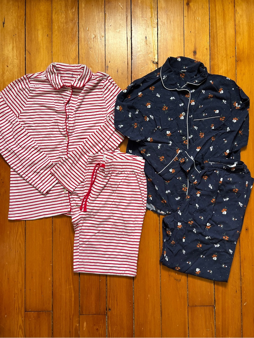 gap and uniqlo pajama sets red white stripe blue floral small medium